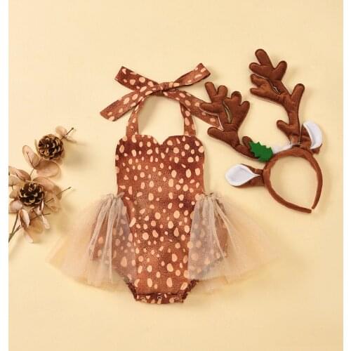 New Baby Girl Cartoon Deer Pattern Jumpsuits Fashion Halter Bandage Backless One-piece Shorts and Antler Headband Baby Set