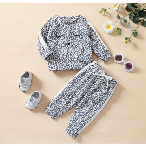 2Pcs Fall Outfits Long Sleeve Round Neck Leopard Print Pullover Tops + Tie Knot Pants Set Baby Girl Clothes for 0-3 Years