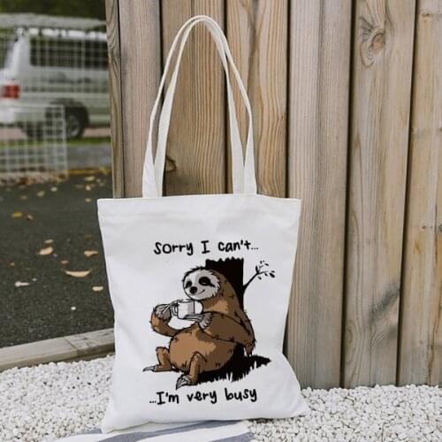Simple Casual Women Cartoon Sloth Print Shopping Bag Tote Eco Handbag Tumblr Graphic Students College Style Shoulder Bags