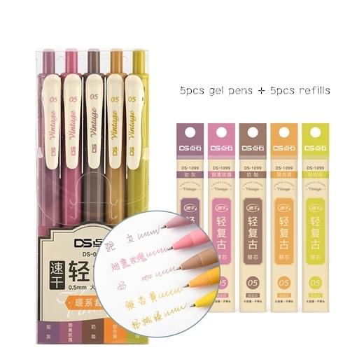 Retractable Vintage Color Gel Pen Quick Dry Ink 0.5mm Retro Pen for Planner Drawing School Office Stationery Refill