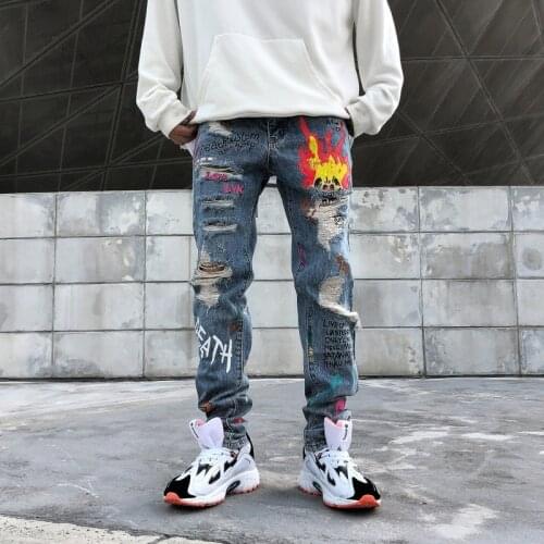 Harajuku Hip Hop Graffiti Print Ripped Jeans Mens Street Fashion Skinny Straight Denim Pants Youth Personalized Cowboy Trousers