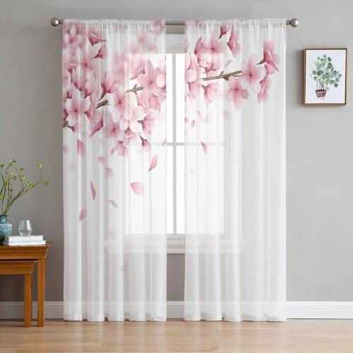 Pink Flower Cherry Blossoms White Sheer Curtains for Living Room Bedroom Kitchen Tulle for Windows Voile Drapes Home Decoration