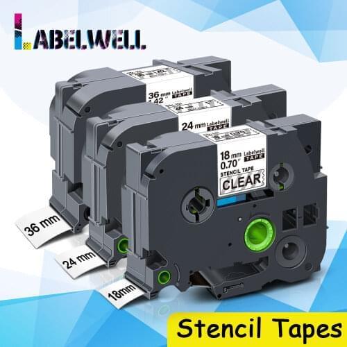 Labelwell Label tape STe-141 Compatible for Brother STe-151 STe-161 Stencil Tapes 18/24/36mm Black on Clear for P Touch printer