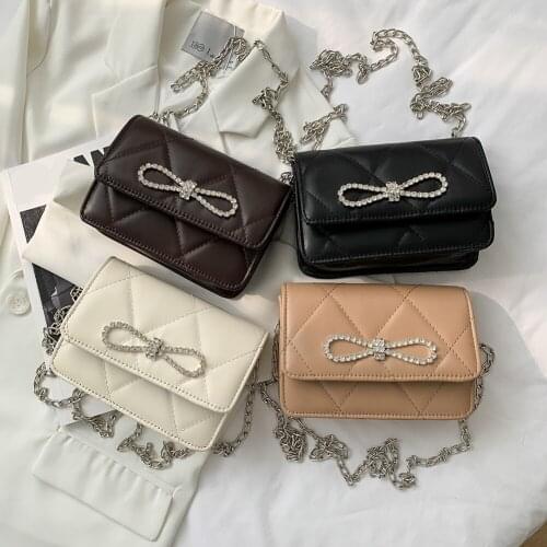 Women Fashion PU Leather Lattice Pattern Flap Purse Handbag Luxury Chain Bowknot Shoulder Crossbody Messenger Bags