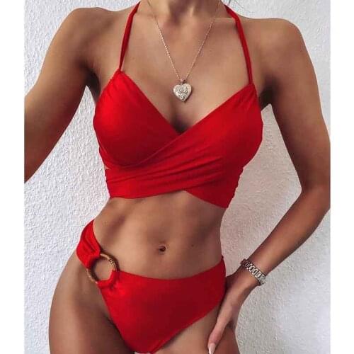 Women High Waist Swimsuits Personality Bandage Cross Bikini Leopard Patchwork Top With Ring Decorated Thong Split Swimwear Lady