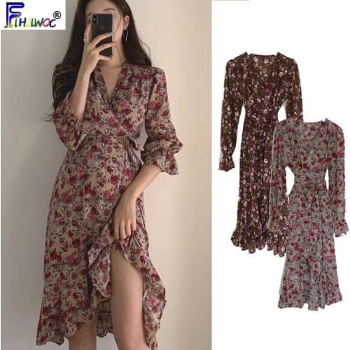 Tempearment Lady Dresses Hot Ins Star Show Womens Autumn Fall Design Slim Waist Floral Printed Vintage Dress Ruffled 8018