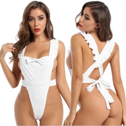 Womens Maid Sissy Sexy Costumes Exotic Teddies Lingerie High Cut Bodysuit Catsuit for Clubwear Pole Dance Costumes Nightwear