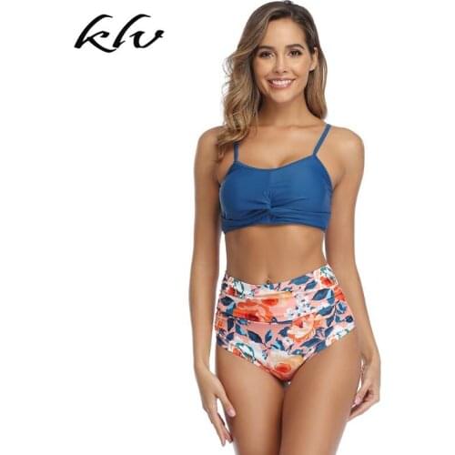 Women Sexy 2 Piece Bikini Set Twist Front Backless Bra High Waist Ruched Floral Bottoms Swimsuit Tie Back Bathing Suit