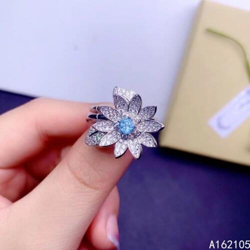 925 pure silver Chinese style natural Swiss blue topaz womens luxury trendy flower Deformable open gem ring fine jewelry suppor