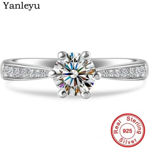 Yanleyu Classic 6 Claws 1ct Round Zircon CZ Diamant Wedding Rings for Women Real 925 Sterling Silver Engagement Jewelry PR133