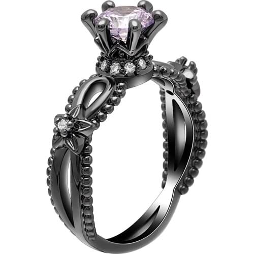 2019 New Arrival Black Gold Color Rings Fashion Women Purple Hollow Crown Cubic Zirconia Design Flower Jewelry Wedding Ring Gift