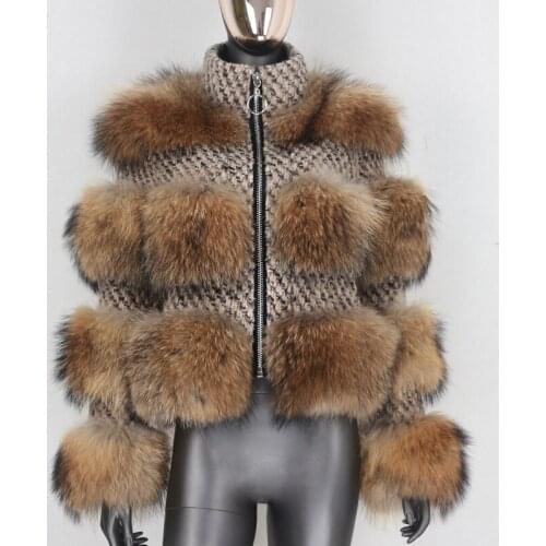 BLUENESSFAIR 2020 Winter Jacket Women Real Silver Fox Fur Coat Natural Raccoon Fur Wool Weave Fabric Warm Outerwear Streetwear
