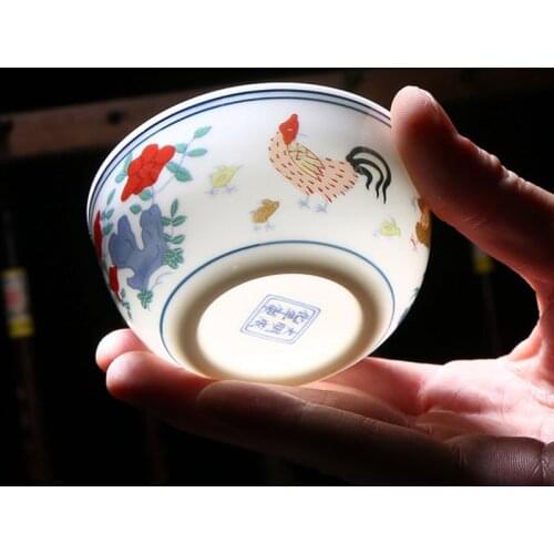 4pcs/set Antique Semi-hand Drawn Cockfighting Teacup Chinese Kungfu Tea Set Bowl Drinkware Tea Ceremony