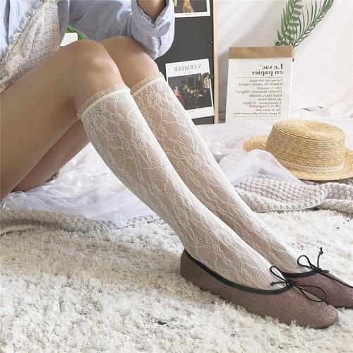 Sweet Lolita Lace Socks Women Fishnet High Knee Socks Thin Transparent Long Socks Pantyhose Leg Stocking High Elastic