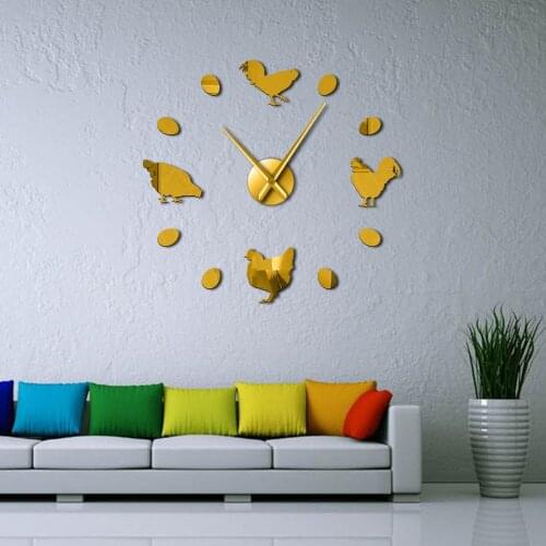 Frameless Farm Chicken And Fresh Farm Eggs DIY Giant Wall Clock Farmhouse Rustic Wall Decor Kitchen Wall Watch Mirror Stickers