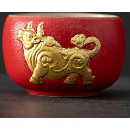 Large Cattle Master Cup Individual Single Jianzhan Teacup New Year Gift Embossed Golden Ox Tea Cup Stoneware Ceramic