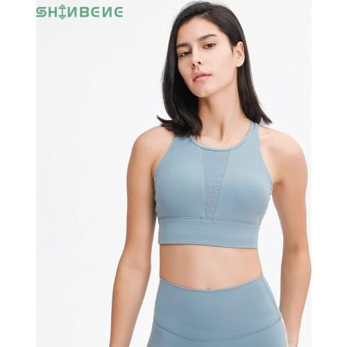 SHINBENE High Neck Naked Feel Yoga Fitness Bras Women Mesh Patchwork Padded Workout Sports Bras Top Push Up Athletic Brassiere