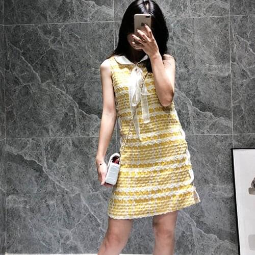 Runway Designer Autumn Winter Dress Women Fashion Party Dress Office Sexy Vintage Elegant Chic Yellow Plaid Tweed Dresses Y196
