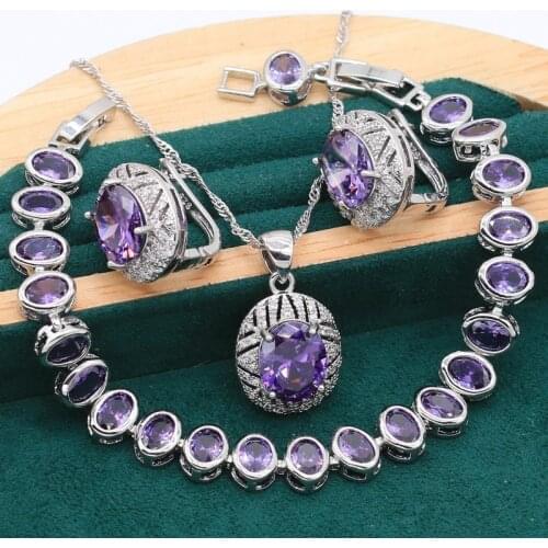 Purple Amethyst 925 Silver Jewelry Sets For Women Wedding Party Geometric Bracelet Hoop Earrings Necklace Pendant Gift Box