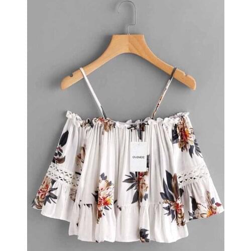 Summer Fashion Women Sexy Spaghetti Strap Chiffon Blouse Floral Beach Lace Casual Off Shoulder Crop Top Shirt Blouse Cami Top