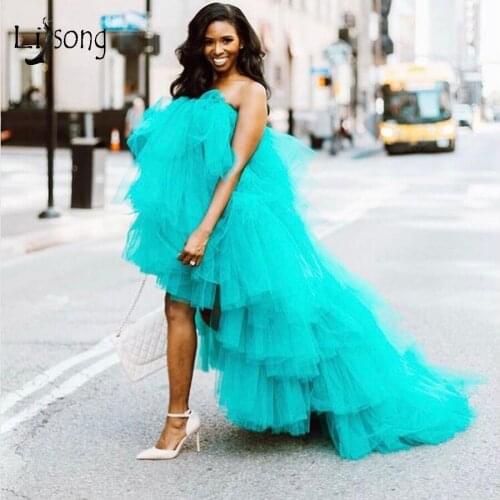 Fashion Turquoise Tutu High Low Ruffles Prom Dresses Off The Shoulder Tiered Chic Lavender Tulle Prom Gowns