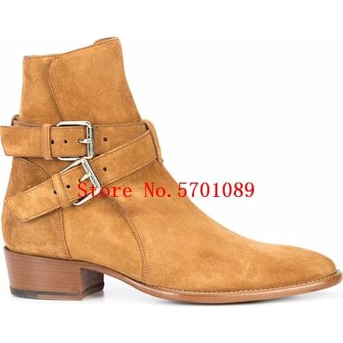 Motorcycle Boots Buckle Straps Stacked Heel Suede Leather Anke Boots Biker Western Cowboy Rock Roll Chelsea Boots Shoes