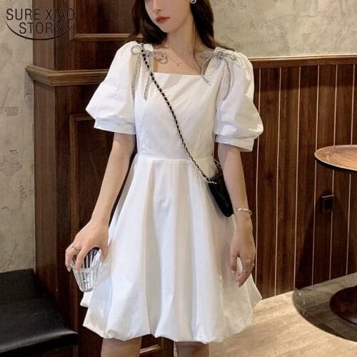 Fairy Dress Summer Mini Dress White Black Puff Sleeve Bows Chiffon Dress Korean Style Kawaii Elegant Vintage Party Dresses 14556