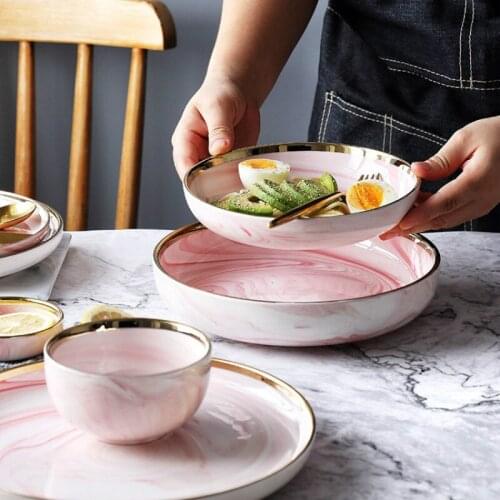 Pink Marbe Dinnerware Dinner Plates Fruit Salad Deep Plate Ceramic Pizza Plate Cookware Porcelain Sushi Tableware WF1016