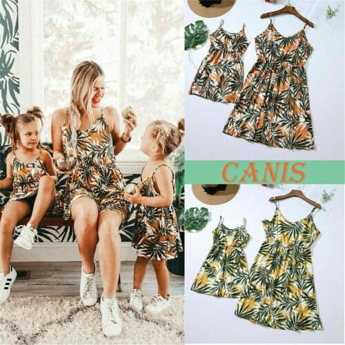 Family Matching Dress Clothes Women Girl Mother Daughter Sleeveless A-Line Floral Beach Dresses Set