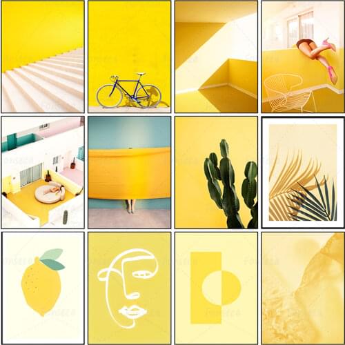 Nordic Yellow Background Plant Leaf Cactus Bicycle Canvas Painting Wall Art Modular Poster Decorative Picture for Living Room