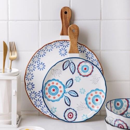 MDZF SWEETHOME Flower Japanese Dinner Plate With Wooden Handle Ceramic Steak Pizza Plate Kitchen Salad Dish Soup Bowl Underglaze