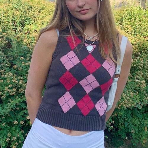 Y2K Top Knitting Sweater Vest E girl Argyle Sweater Sleeveless Purple Patchwork Pull Sweaters Vintage Sleeveless Knitwear Womans