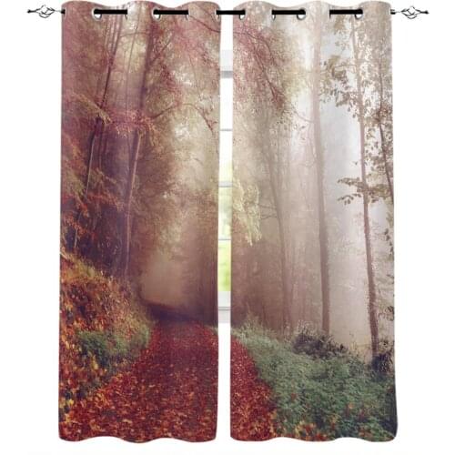 Park Woods Red Fallen Leaves Window Curtains Home Decor Bedroom kichen Draperies Curtains for Living Room Christmas Curtains