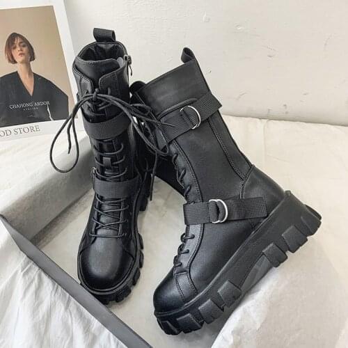 New Punk Style Platform Women Ankle Boots Womens Motorcycle Boot Vogue Ladies Chunky Shoes Buckle Decor Black BIG size 40