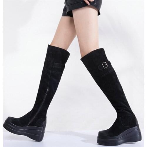 Winter Thigh High Sneakers Women Genuine Leather Wedges High Heel Knee High Motorcycle Boots Female Chunky Platform Pumps Shoes