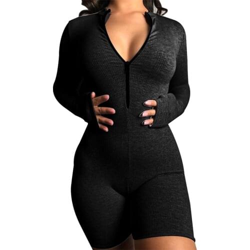 Women Sexy Bodycon Jumpsuits High Neck Outfit Long Sleeve Rompers Casual Slim Fit Stretchy Pants Women Short Rompers Zipper UP