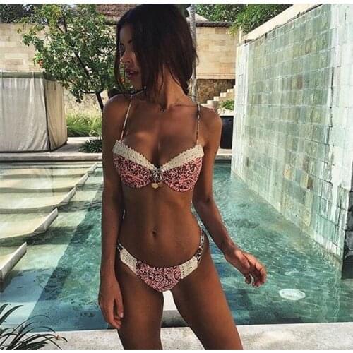 Hanging Neck Biquini Pushed Up Women Swimwear Bikini Set Knit Print Bathing Suits Two Pieces Bandaged Monokini Female Beach Wear