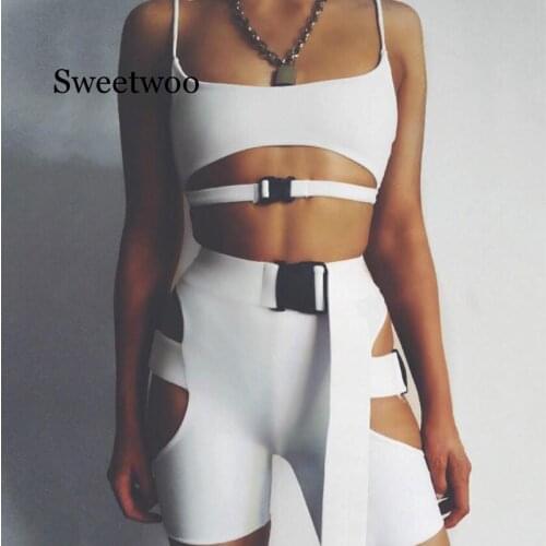 2020 Summer Two Piece Set Sexy Women Clothes Sportswear Tracksuits Fitness Sports Bandage Solid Crop Top Shorts 2PCS Set
