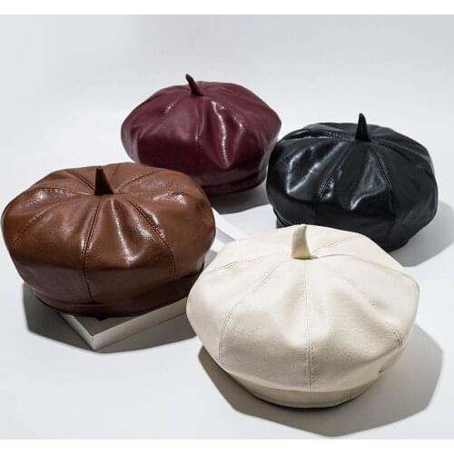 2021 Fashion Vrouwen Pu Lederen Achthoekige Caps Krantenjongenspet Vintage Motorkap Baret Stijl Retro Lederen Hoed Cowboy