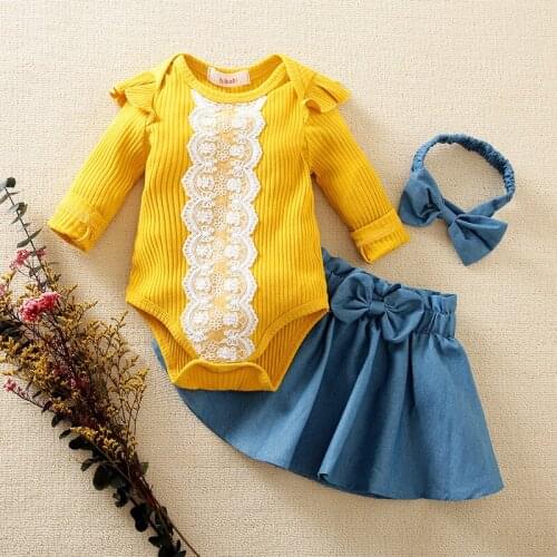 Hibobi Design 2 Pcs Suit Baby Girl Jumpsuit Cotton Bodysuit Ruffled Lace Romper Bow Skirt Suit