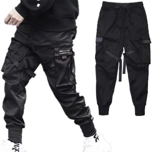 Hip Hop Elastic Waist Pants Men Harem Pant Pockets Streetwear Punk Casual Ribbons Design Trousers Jogger Male Dancing Pant