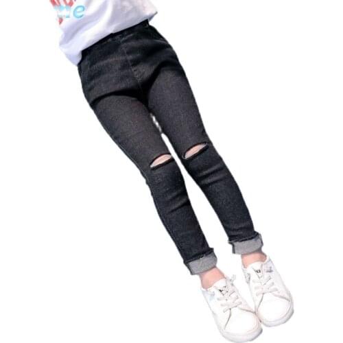Black Teenagers Girls Denim Pants Spring Fashion Broken Hole Jeans for Kids Girl Pencil Trousers Children Boutique Clothes 7/8 9