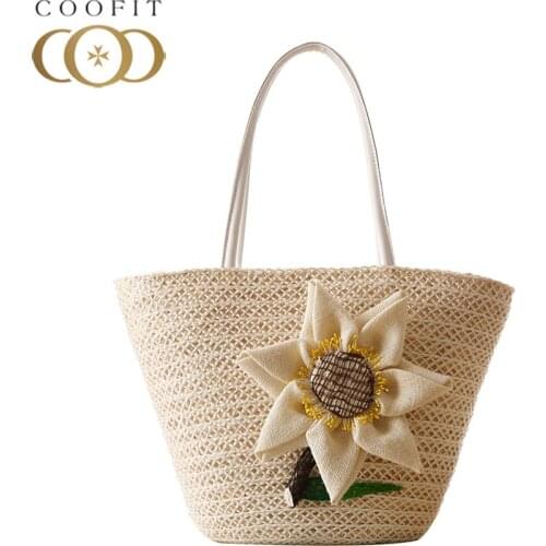 Coofit Sunflower Straw Bag Summer Big Handbag Womens Causal Tote Basket Travel Shopping Bag For Girls bolsa de playa de verano