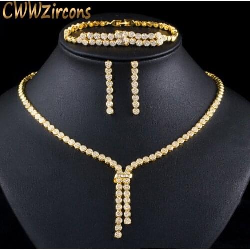 CWWZircons 3 pcs CZ Tassel Drop Bridal Wedding Necklace Earrings Bracelet Indian Dubai Gold Party Jewelry Set for Women T400
