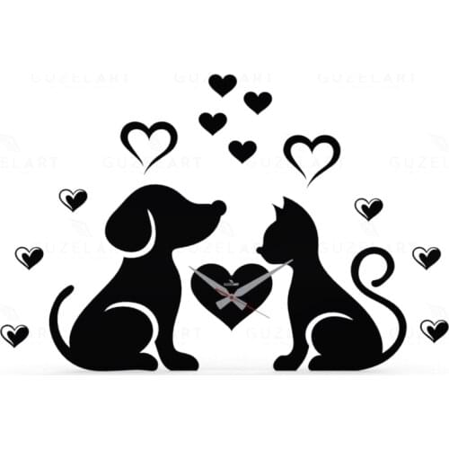 Happy Cat And Dog GuzelArt Decorative Wall Clock Living Room Decoration Wall Decor Wooden Modern Design Home Decor Black