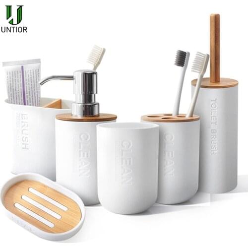 UNTIOR Bamboo Bathroom Accessories Toilet Brush Toothbrush Holder Soap Dispenser Bathroom Set Bathroom Decoration Accessories