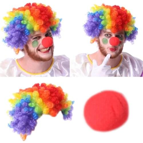 Adult Kids Rainbow Colorful Afro Curly Clown Wig Red Foam Nose Cosplay Costume Magic Masquerade Halloween Party Supplies