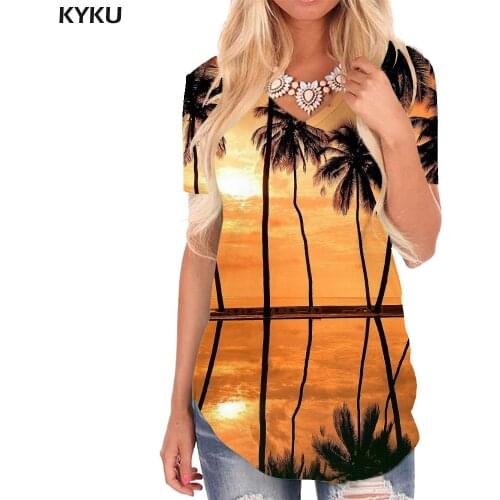 KYKU Hawaii T Shirt Women Coconut Tree Tshirts Printed Harajuku Funny T shirts Party V-neck Tshirt Womens Clothing Fashion Loose
