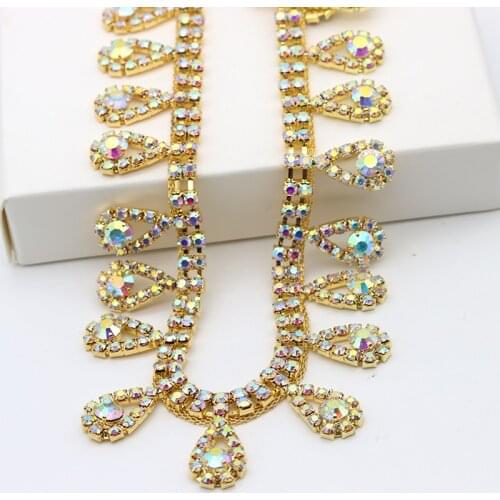 Good Quality Gold AB color Rhinestone Cup Chain with Waterdrop Tassel Sew on Rhinestone Trim for Wedding Dance Dress Decoration