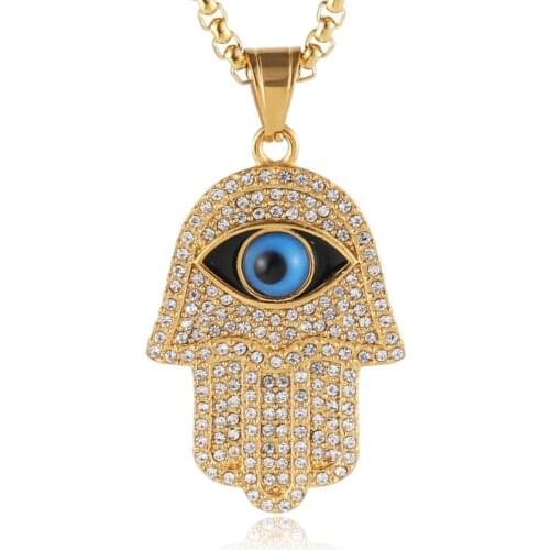 HZMAN Gold Iced Out CZ Stainless Steel Blue Evil Eye Beads Fatima Hamsa Hand Pendant Necklace